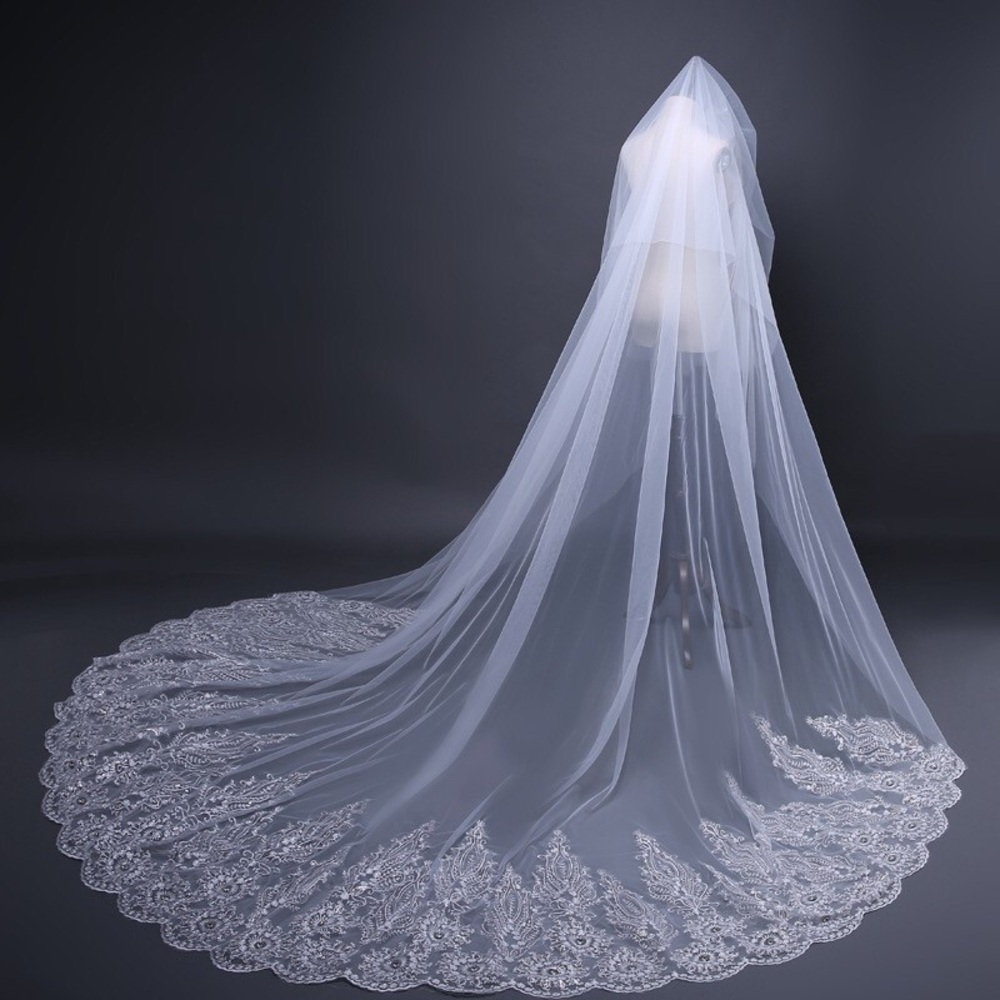 Long Lace-Edged Bridal Veil in White 3M